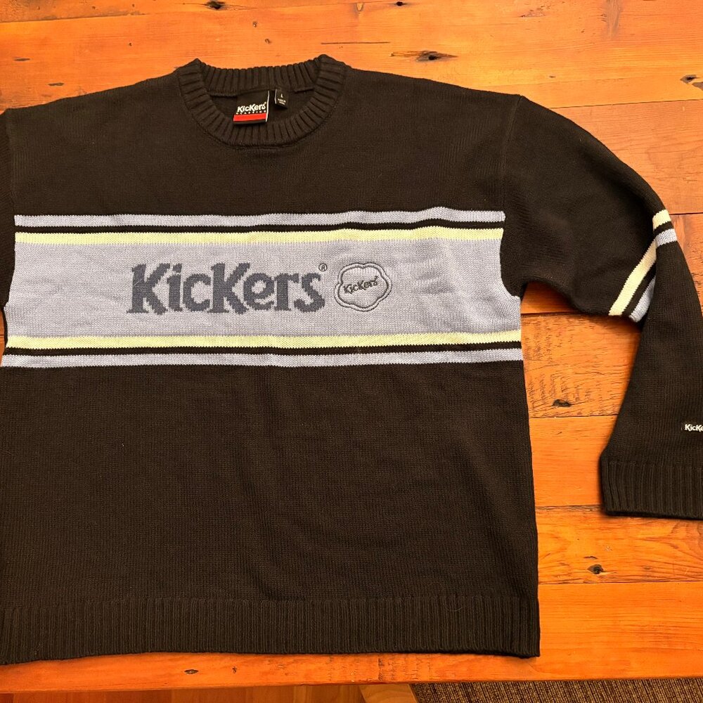 KICKERS UK CREW NECK SWEATER JUMPER NAVY/LT BLUE SIZE LARGE -NWOT - SOLD OUT!!